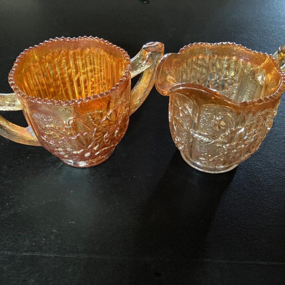 Imperial Glass Marigold Carnival Glass "Lustre Rose" Creamer & Sugar Set